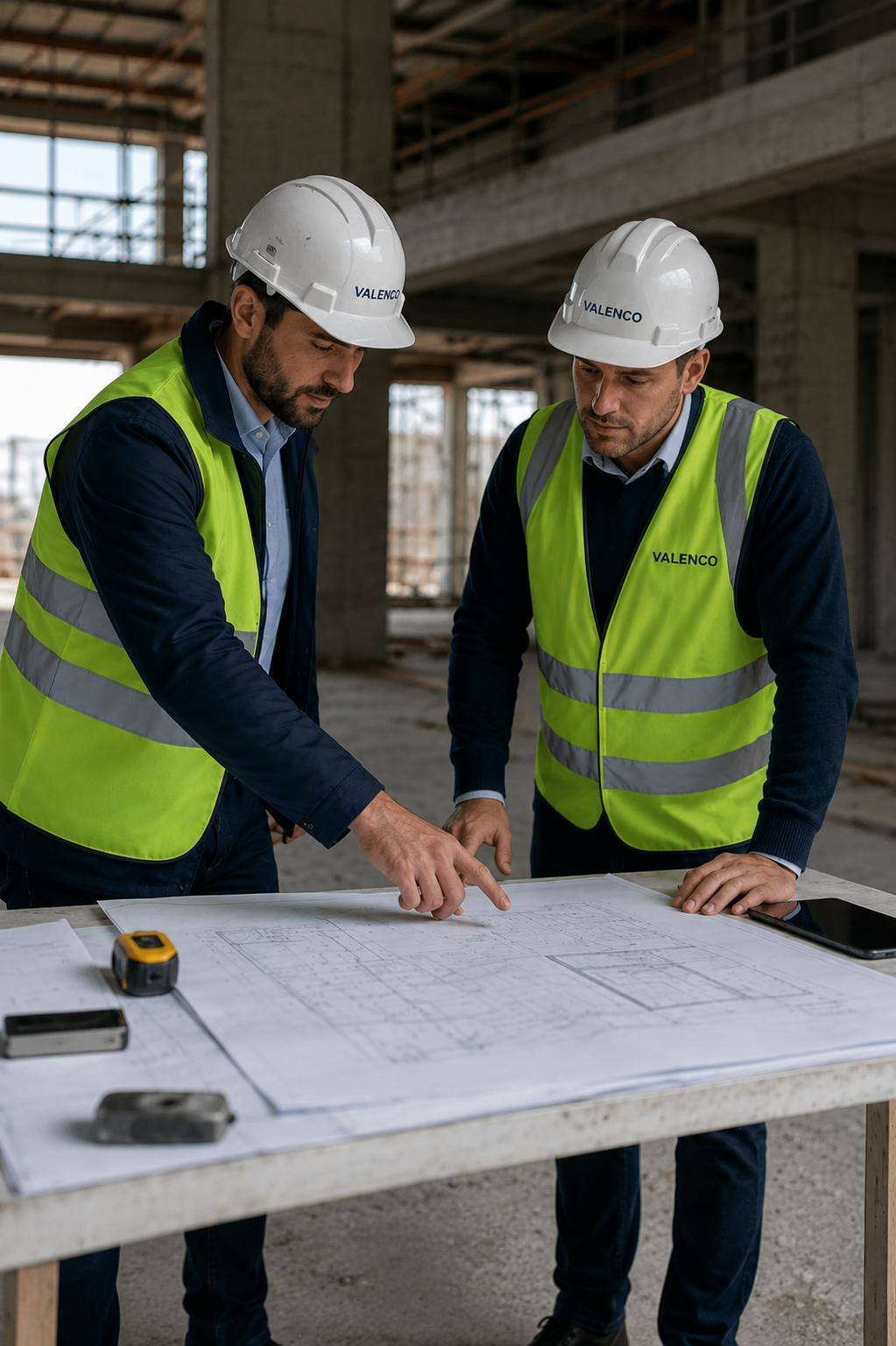 dos personas mirando planos en obra
