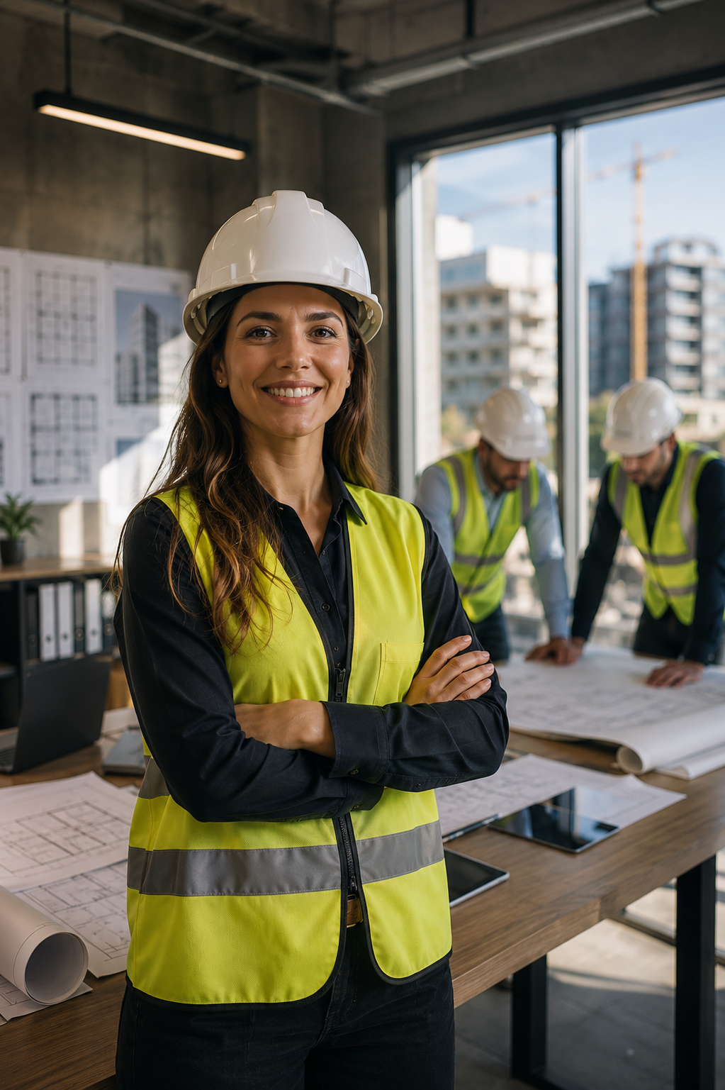 chica en primer plazo y dos chicos trabajando en planos detras